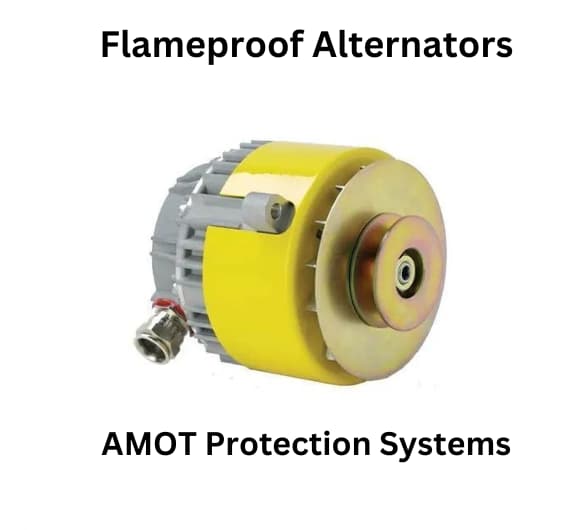 Flameproof alternator with AMOT protection systems, featuring a yellow and gray design with a metallic component